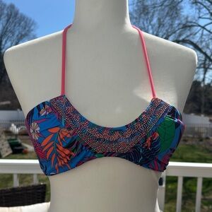 Vintage Victoria's Secret Blue Tropical Print Bikini Top with Pink Straps